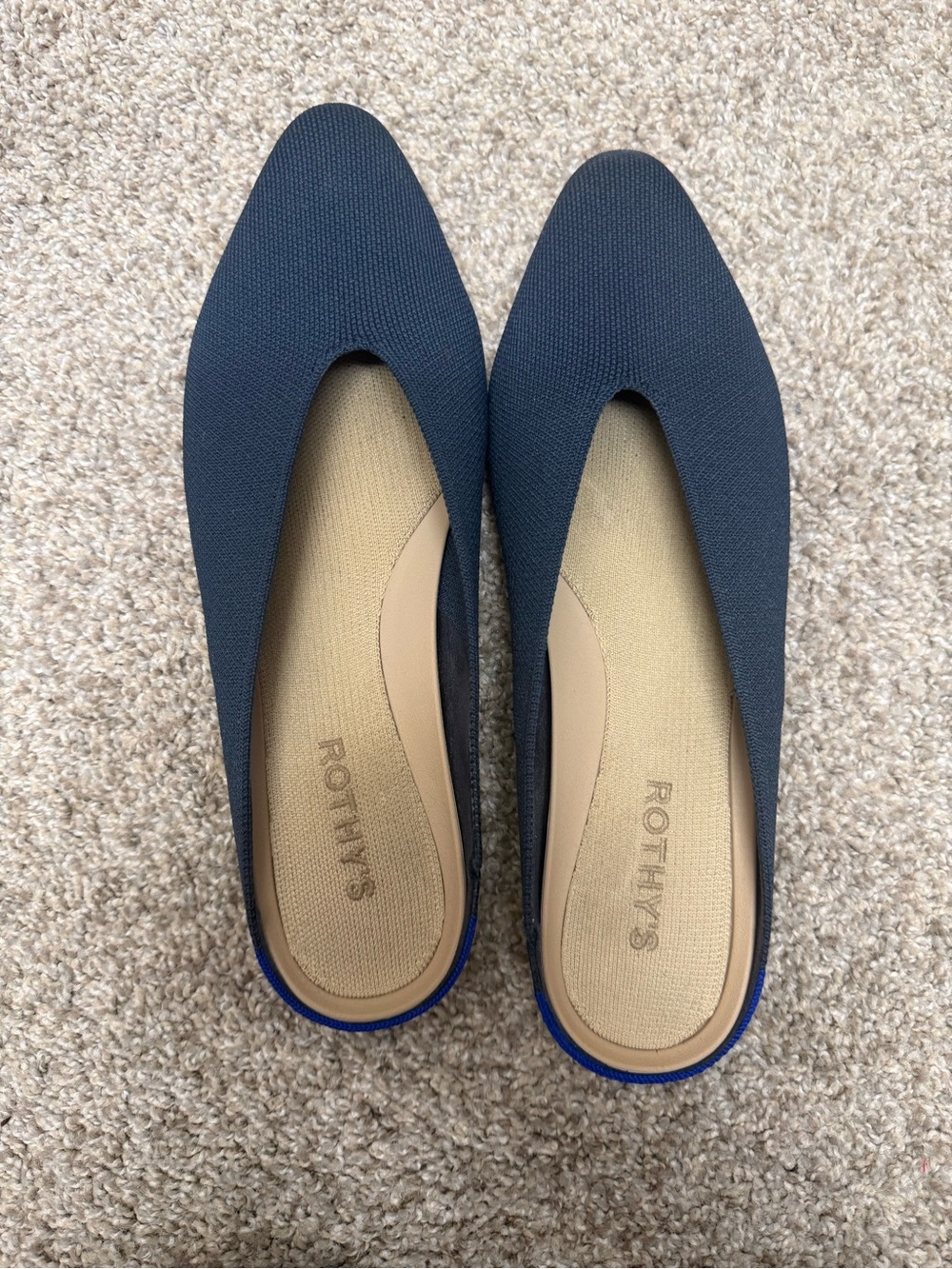 Rothy's Navy Pointed Mule Flats with Tan Insole